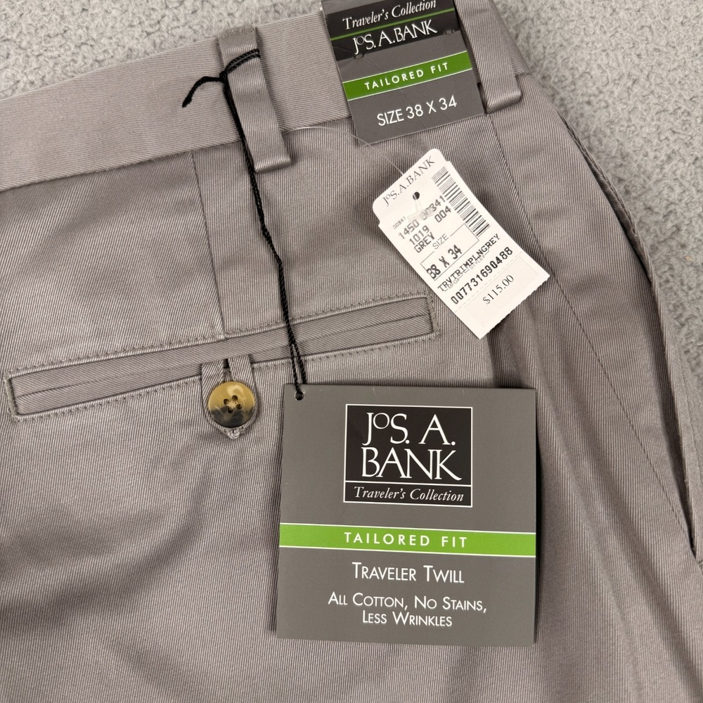 Jos A Bank Traveler Twill Pants Mens 38x34 Gray Tailored Fit Cotton Chino NWT